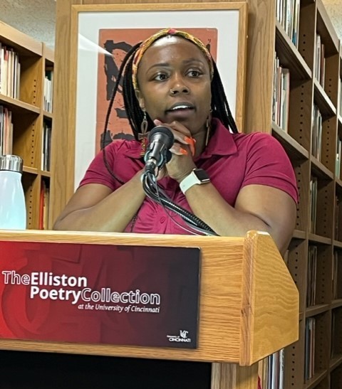 Simone Savannah speaking at Elliston Poetry Collection