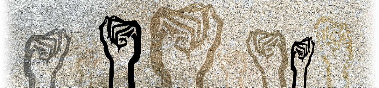 Multi-colored fists converging in a sea of clouds and bubbles