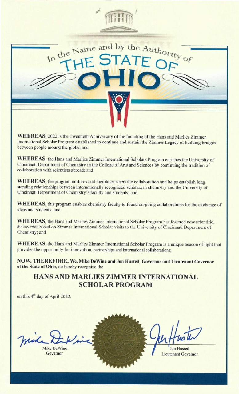 Proclamation from Governor Mike DeWine recognizing the Hans and Marie Zimmer International Scholars program