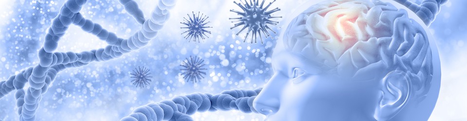 3D medical background with a male figure with brain and virus cells