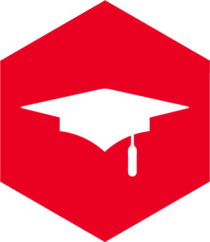 Red hexagon with a white graphic of a graduation cap inside of it. Links to master of arts program page 