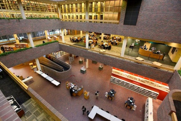 view looking down from third floor in library
