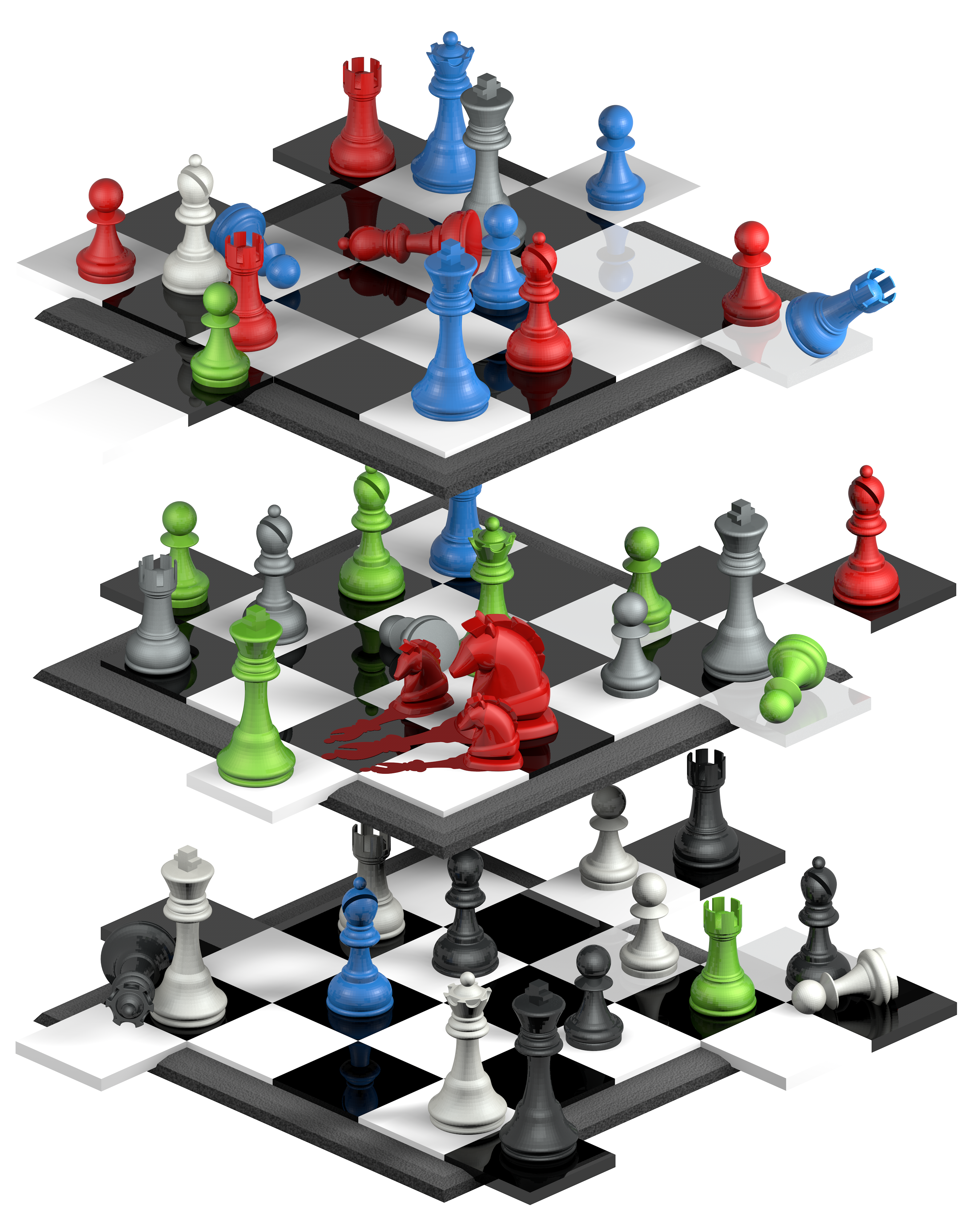Three chess boards stacked with squares moving and pieces falling off