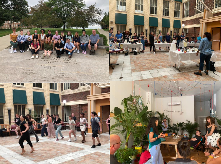 A four image collage depicting a class posing on the quad, a food demonstration. a dance class, and a lecturer talking to students.