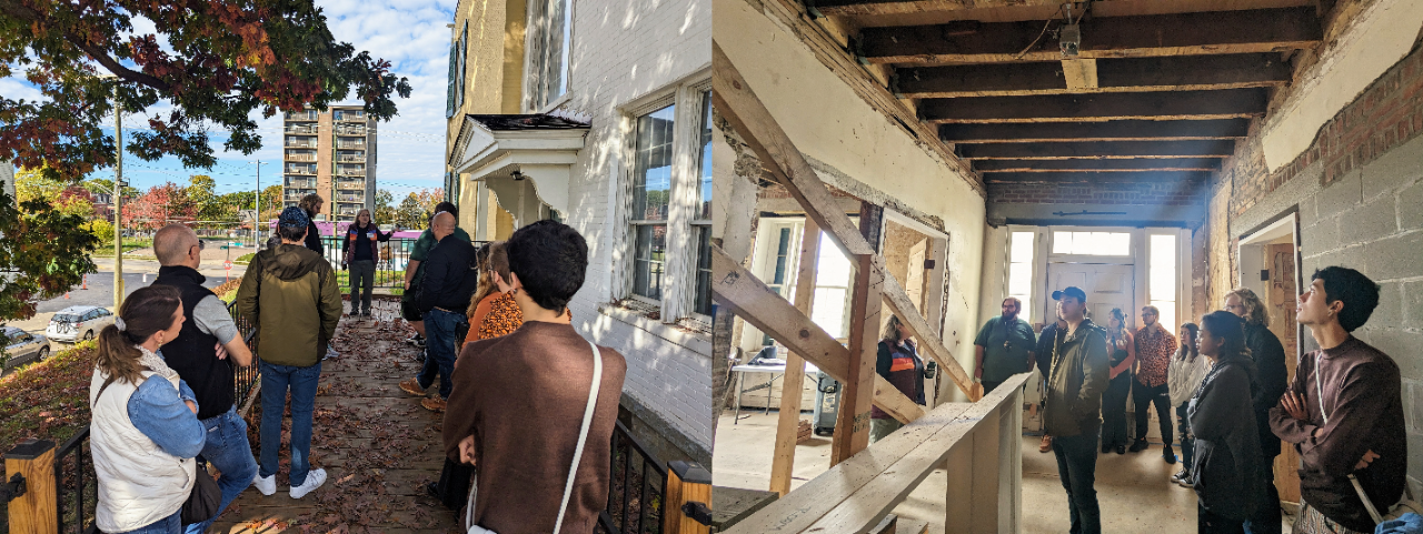 Undergraduate students in the “Introduction to Public History” course tour ongoing historic preservation efforts at the Harriet Beecher Stowe House.