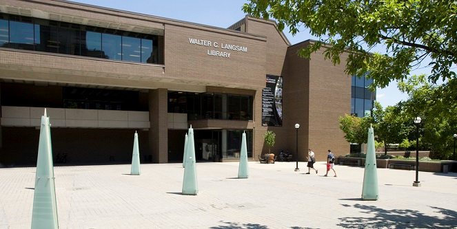 outside the front entrance of langsam library building