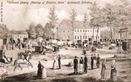 Print of people gathered outside of building