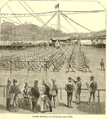 Ink print on older paper of people standing around an athletic event