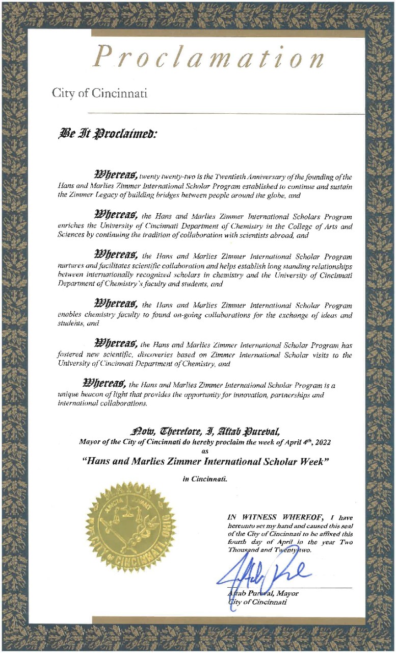 Proclamation from Mayor Cranley stating that the week of April 4th 2022 to be "Hans and Marie Zimmer International Scholar Week"