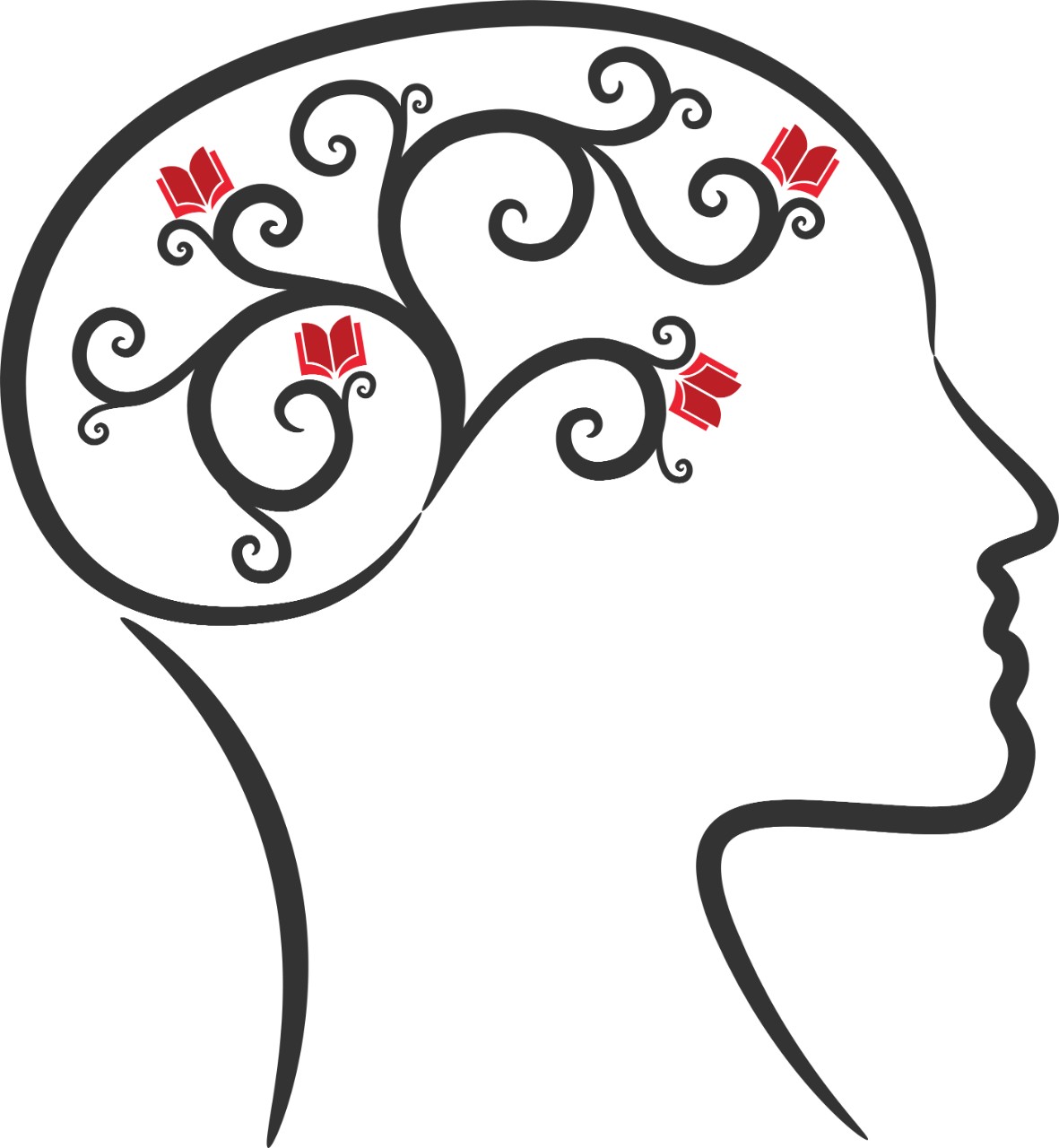 Outline of a profile of a face with books connecting in the head