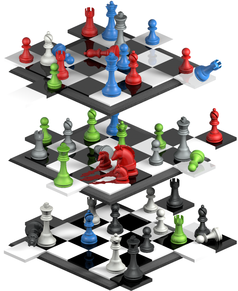 Three chess boards stacked with squares moving and pieces falling off