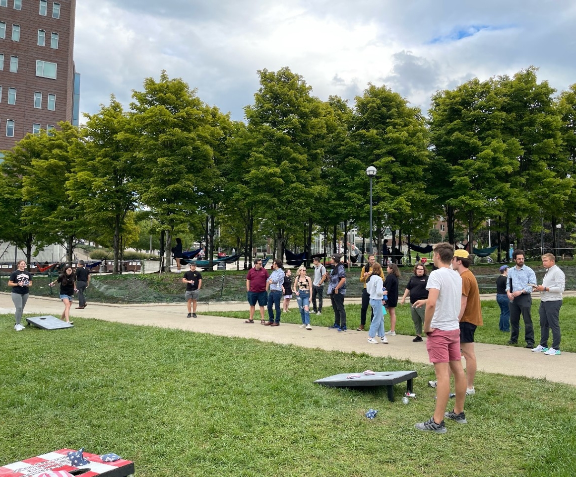 Teams playing corn hole