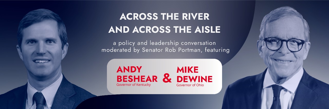 Event announcement banner with bust-length portraits of Kentucky Governor Andy Beshear and Ohio Governor Mike DeWine